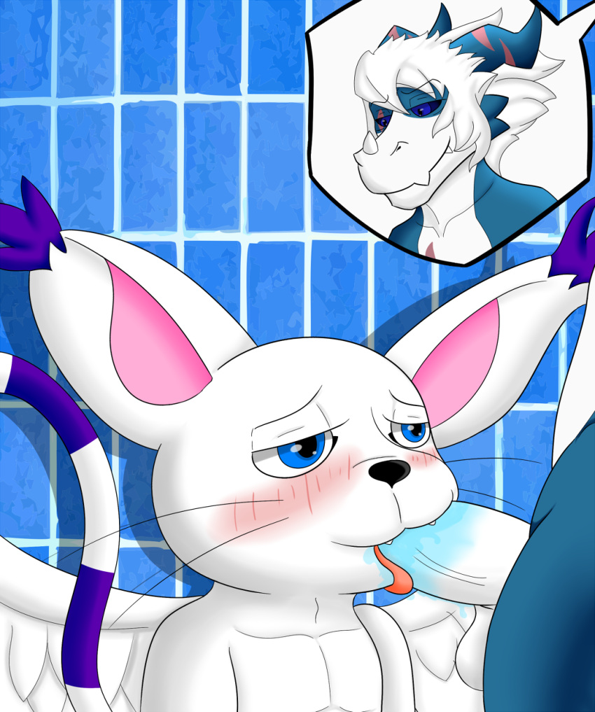 angelgatomon_(angelgato) black_nose blowjob blue_eyes digimon digimon_(species) fangs fellatio gatomon gay hair magnamon markings sveemon tongue whiskers white_body white_hair wings yaoi