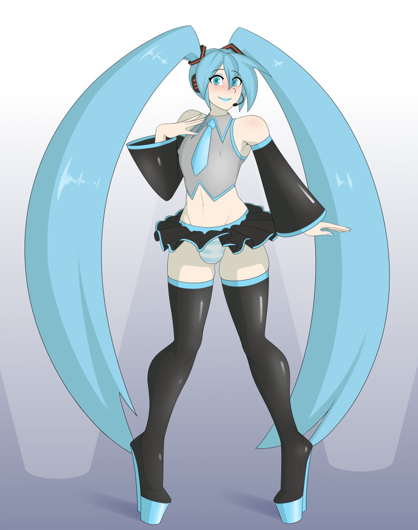 1boy blue_eyes blue_hair blue_lipstick boots bulge clothing cosplay crossdressing femboy genderswap_(ftm) girly hatsune_miku hatsune_miku_(cosplay) heels high_heel_boots high_heels nail_polish panties platform_boots platform_footwear platform_heels rule_63 sealguy solo striped_panties thighhighs trap twintails vocaloid