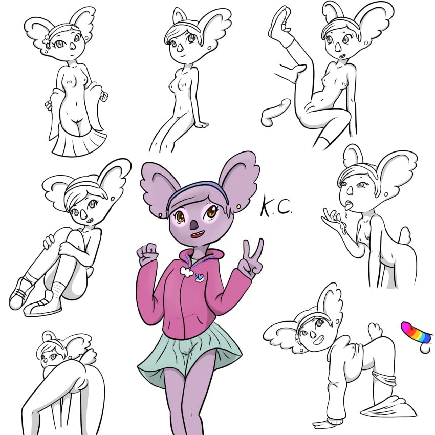 1:1 4_fingers anthro bottomwear brown_eyes clothed clothing disney female fingers footwear footwear_only fur hi_res hoodie k.c. koala mammal marsupial mostly_nude multiple_poses nipples partially_clothed pink_body pink_fur pose pussy shoes shoes_only skirt solo t.o.t.s. topwear vombatiform whitebats