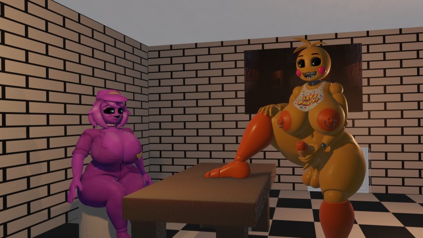 3d anthro_on_human balls belly_button bib big_breasts black_sclera blender clothed eyelashes female five_nights_at_freddy's five_nights_at_freddy's_2 foot_on_desk furry futanari hat huge_breasts interspecies masturbation mostly_nude nipple_piercing nipples orange_areola pog purple_skin sultryscribz table toy_chica_(fnaf) wendy_afton yellow_skin