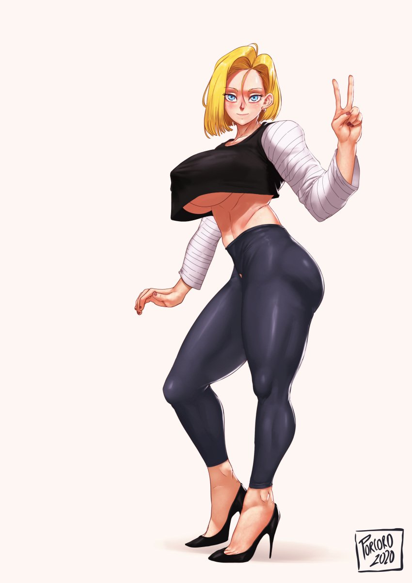 1girls alternate_version_available android_18 blonde blonde_hair blue_eyes cameltoe cleavage curvy dragon_ball erect_nipples female high_heels huge_areolae huge_ass huge_breasts porcoro puffy_nipples short_hair thick_lips underboob voluptuous wide_hips yellow_hair