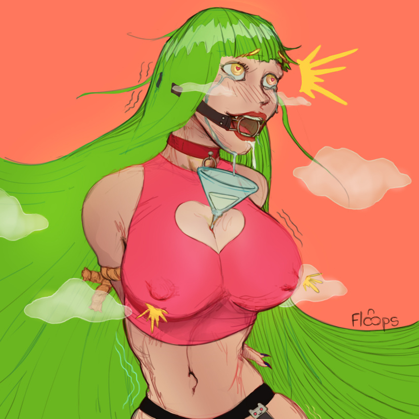 big_breasts bondage climax colorful cumming floops_(artist) glass green_hair heart-shaped_pupils nipple_bulge orgasm pink_eyes saliva spit tears wine_glass