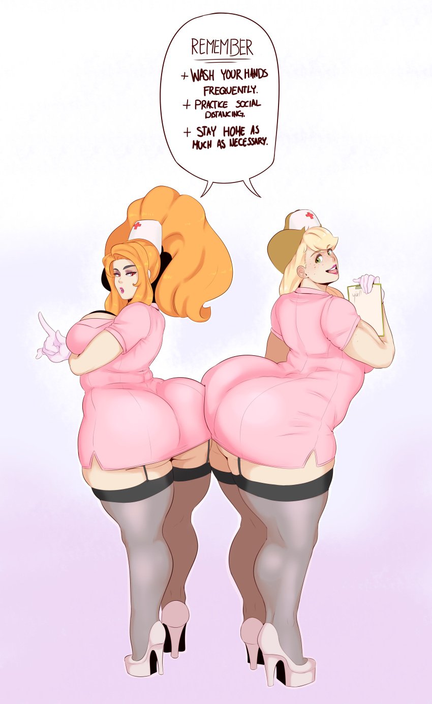 2girls absurd_res adagio_dazzle alternate_version_available applejack_(mlp) ass ass_in_dress big_ass big_breasts black_thighhighs blonde_hair blush chubby covid-19_pandemic dat_ass equestria_girls eyeshadow fat_ass friendship_is_magic green_eyes high_heels high_resolution huge_ass huge_thighs human humanized large_ass long_hair my_little_pony nurse nurse_uniform orange_hair platform_heels red_eyes sideboob smooth_skin speech_bubble sunnysundown text thick_ass thick_thighs thighhighs tight_clothing tight_dress voluptuous wide_hips