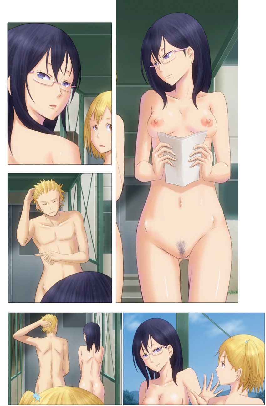 1boy 2girls ass black_hair blonde_hair bonnie_(rsg) breasts censored female glasses haikyuu!! hairy_pussy male manga mosaic_censoring multiple_girls nude pubic_hair pussy shimizu_kiyoko small_breasts smile third-party_edit ukai_keishin vagina yachi_hitoka