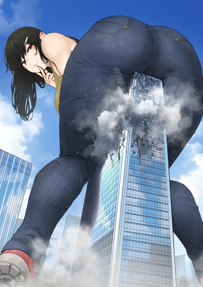 :3 ass big_ass big_butt black_hair brown_eyes bubble_ass bubble_butt building building_destruction city clothing color destruction dust extreme_micro female female_only finger_to_mouth giantess implied_death jeans kaiju long_hair looking_back macro_female mass_death micro micro_on_macro original original_character red_shoes sitting skyscraper smile smug thick_thighs uru_(uru0000) yellow_bra