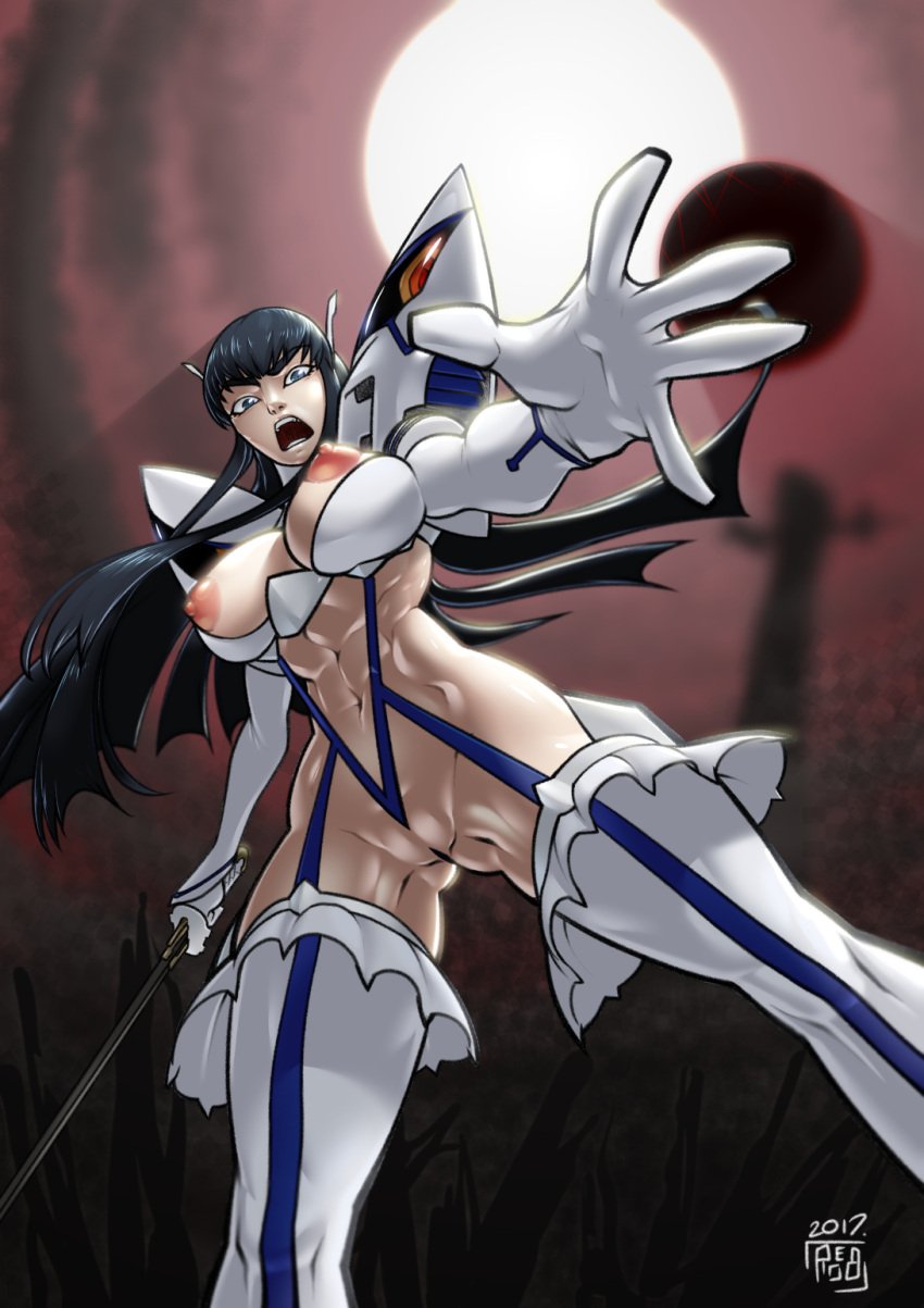 1girls abs black_hair blade blue_eyes breasts busty covered_pussy exposed_breasts female female_focus female_only fit fit_female hourglass_figure kill_la_kill kiryuuin_satsuki light_skin long_hair nipples open_mouth pinup pinup_pose pose posing reabault shocked shocked_expression skimpy solo sword thick_eyebrows weapon wide_hips