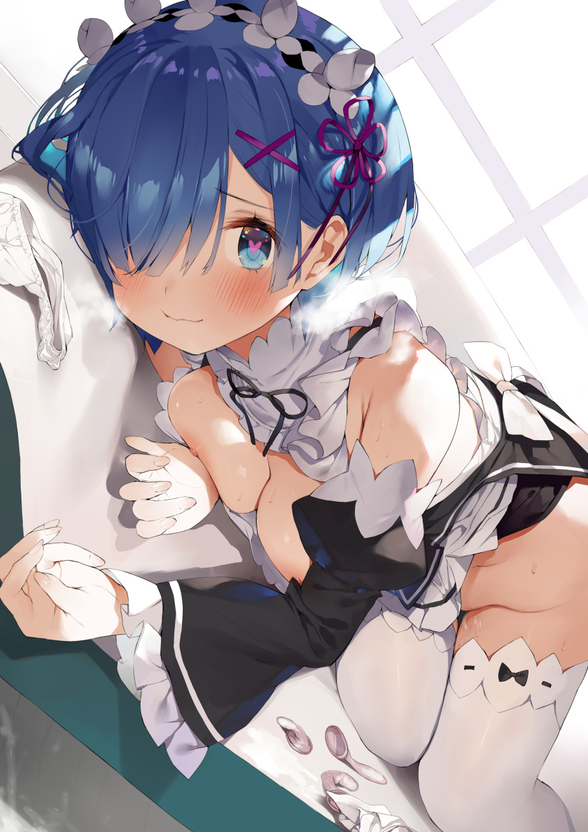 blush bottomless bottomless_skirt breasts gaou gaou_(matsulatte) heart-shaped_pupils looking_at_viewer miniskirt no_panties re:zero_kara_hajimeru_isekai_seikatsu rem_(re:zero) skirt sweat tagme