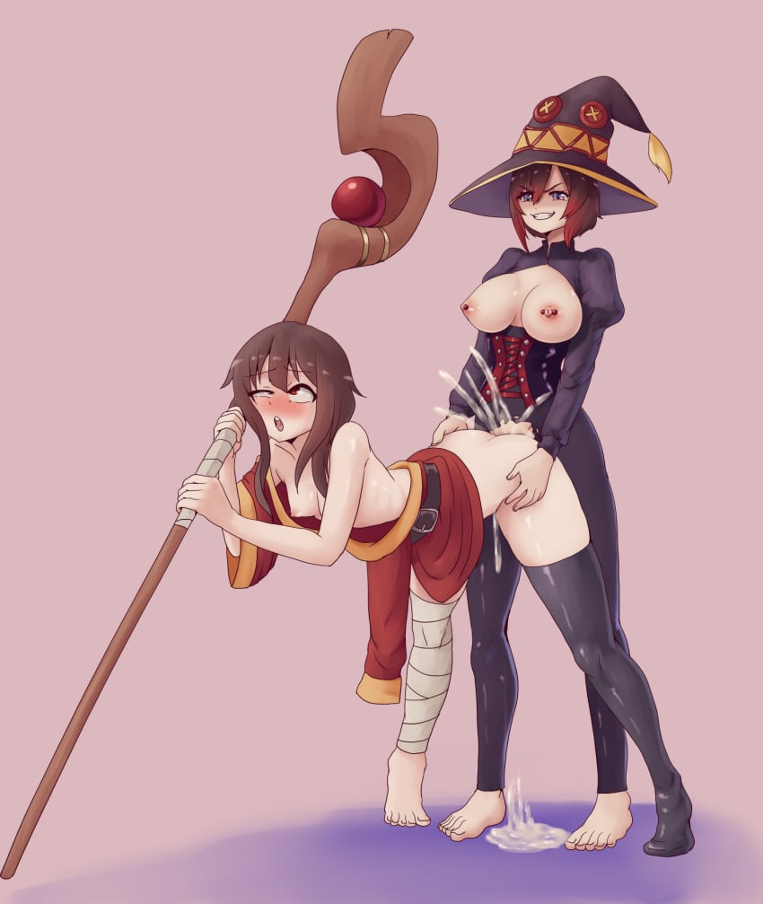 1futa 1girls ahe_gao areolae breasts clothed clothing crossover cum doggy_style duo eastern_and_western_character ejaculation female futa_on_female futanari human implied_futanari kono_subarashii_sekai_ni_shukufuku_wo! megumin nipple_piercing open_mouth orgasm pale_skin partially_clothed pierced_nipples req reqqles rolling_eyes ruby_rose rwby sex skindentation small_breasts staff thighhighs witch_hat witch_outfit