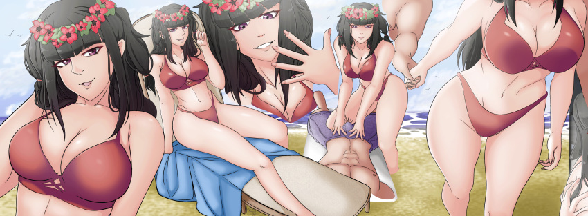 1boy 1girls beach big_breasts bikini bulge cleavage dark_hair female fire_emblem fire_emblem_awakening long_hair male purple_eyes red_bikini smile tharja_(fire_emblem) xxpulp