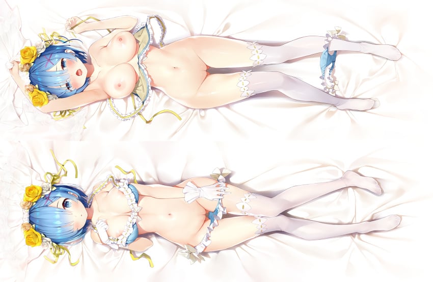 big_boobs big_breasts blue_bra blue_eyes blue_hair blue_panties blush blushing blushing_at_viewer bra female female_focus female_only flower_in_hair gaou gloves grabbing_sheets hair_ornament hair_over_one_eye laying_on_back laying_on_bed matsui_hiroaki moan moaning moaning_in_pleasure panties panties_around_one_leg panty_pull purple_hairclip pussy re:zero_kara_hajimeru_isekai_seikatsu rem_(re:zero) ribbons solo solo_female solo_focus stockings white_gloves white_hair_ornament white_sheets yellow_flower yellow_hair_ornament yellow_ribbon