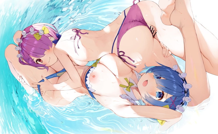 2girls ass_cleavage bar_censor bikini blue_hair butt_crack censored female female_only gaou matsui_hiroaki multiple_girls nipples pink_hair pussy ram_(re:zero) re:zero_kara_hajimeru_isekai_seikatsu rem_(re:zero) sisters swimsuit tagme twins water