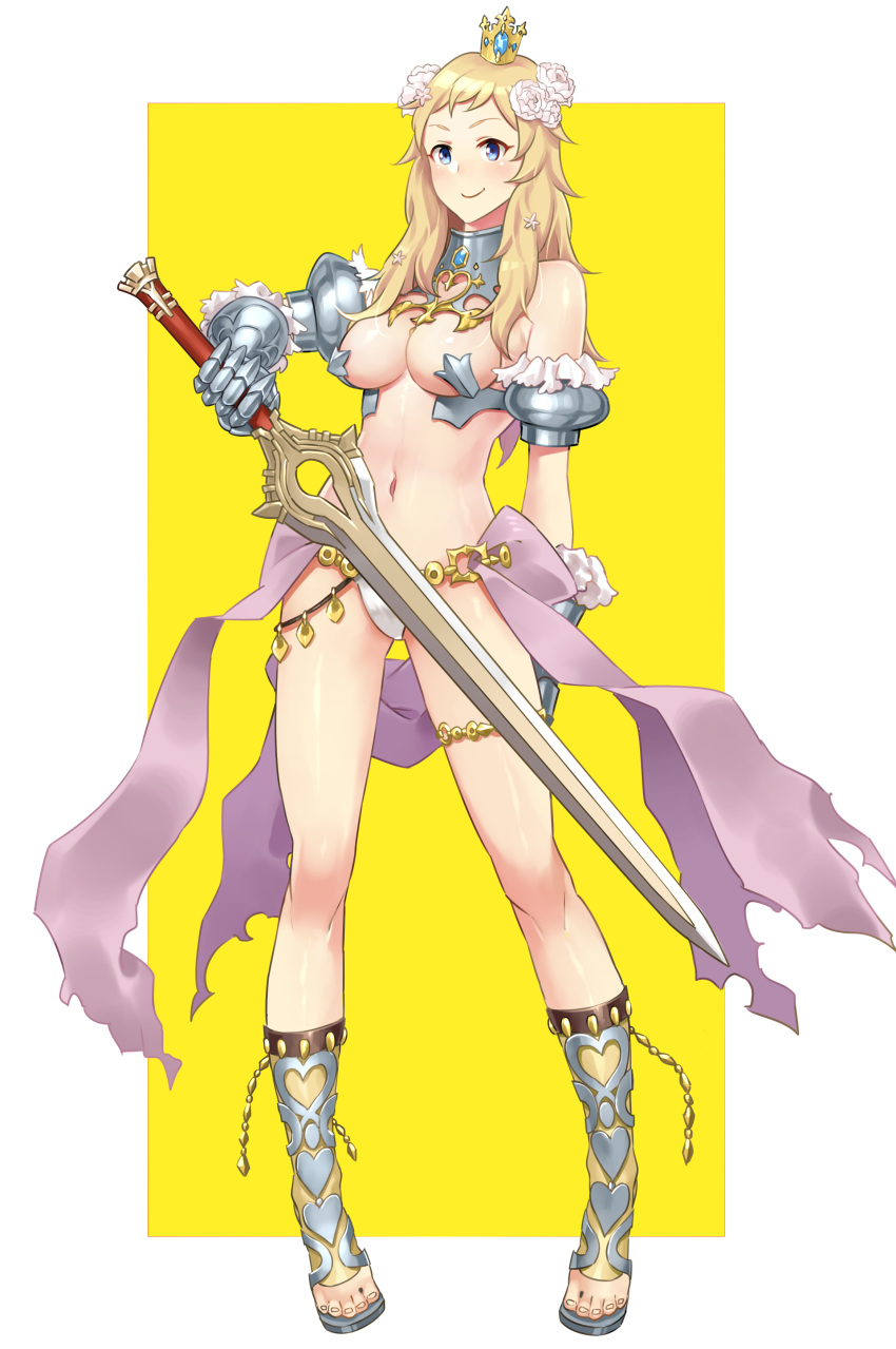 1girl 1girls absurdres alternate_costume armor armored_gloves bikini_armor blonde_hair blue_eyes breasts code_of_princess commission commissioner_upload cosplay crossover falchion_(fire_emblem) fire_emblem fire_emblem_fates flower full_body hair_flower hair_ornament highres holding holding_weapon igni_tion long_hair long_legs looking_at_viewer medium_breasts navel nintendo ophelia_(fire_emblem) revealing_clothes sandals simple_background skimpy skimpy_armor skimpy_clothes smile solange_blanchefleur_de_lux_(cosplay) solange_blanchefleur_de_luxe solange_blanchefleur_de_luxe_(cosplay) solo solo_female weapon