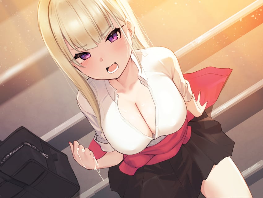 bag black_skirt blush breasts cardigan cardigan_around_waist cleavage clothes_around_waist covered_nipples cum cum_on_body cum_on_breasts cum_on_hands dutch_angle earrings female gyaru hayabusa highres jewelry large_breasts light_particles looking_at_viewer mole mole_under_eye nail_polish no_bra non-web_source oerba_yun_fang open_mouth original partially_unbuttoned platinum_blonde_hair pleated_skirt purple_eyes school_bag school_uniform single_sidelock sitting skin_fang skirt slit_pupils solo stairs