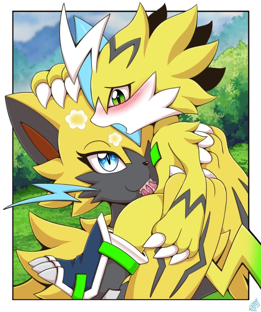 anthro black_fur blue_eyes breath crossover digimon duo fellatio female genitals green_eyes hi_res legendary_pokémon male nintendo oral panting penile penis pokémon_(species) pokemon pulsemon sex size_difference smaller_male stand_and_carry_position straight vavacung video_games yellow_fur zeraora