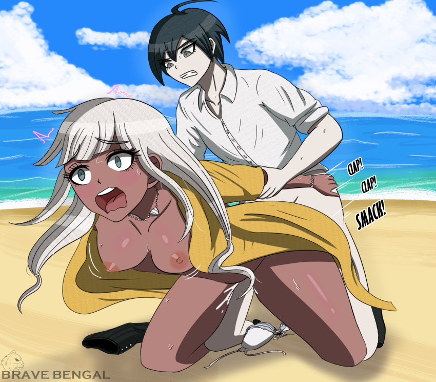 beach bravebengal breasts clothed clothed_sex clothing coat cum cum_leaking danganronpa danganronpa_v3 dark_skin doggy_style fear new_danganronpa_v3 onomatopoeia saihara_shuuichi screaming sex shiny_skin shocked shocked_expression shuichi_saihara straight_hair white_hair yonaga_angie