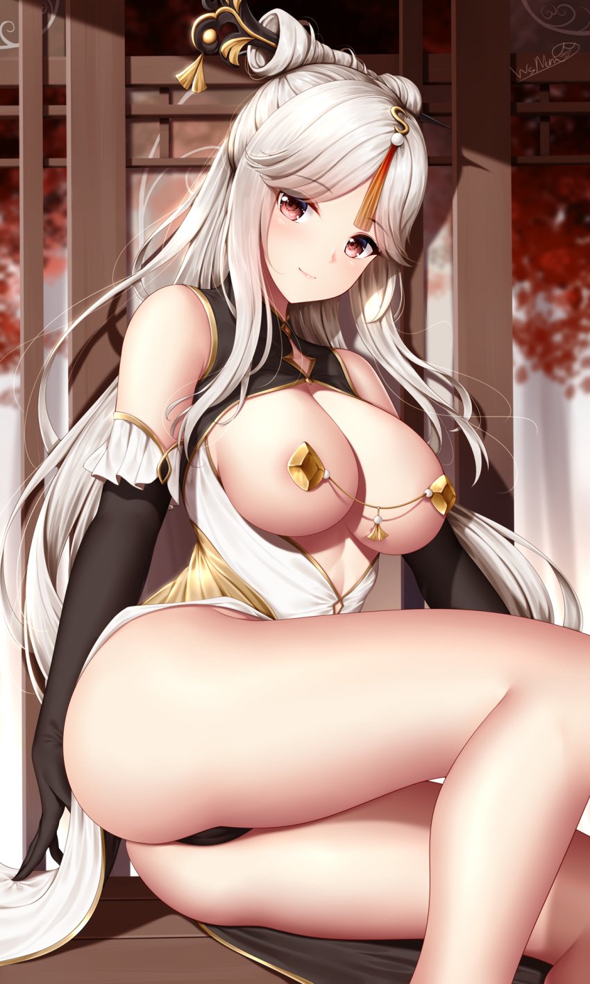 1girls areola_slip areolae ass bangs bare_legs black_gloves black_panties breasts cameltoe center_opening china_dress chinese_clothes cleavage dress elbow_gloves female genshin_impact gloves hair_ornament hairpin jewelry large_breasts long_hair looking_at_viewer ningguang_(genshin_impact) panties parted_bangs pasties pelvic_curtain red_eyes revealing_clothes sidelocks sitting sleeveless sleeveless_dress smile solo thighs underwear very_long_hair white_dress white_hair wsman