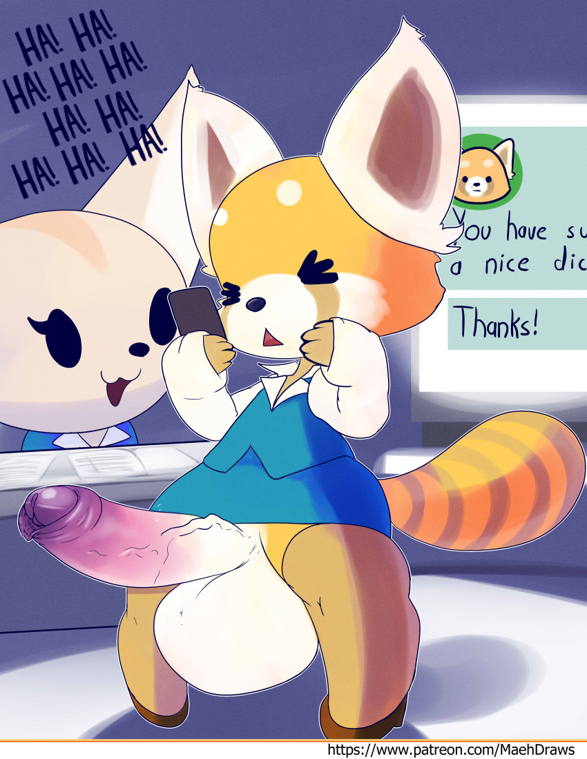 absurd_res aggressive_retsuko ailurid anthro balls big_balls big_penis biped black_nose blue_clothing blue_dress bodily_fluids bottomless canid canine cellphone clothed clothing dress duo embarrassed english_text erection fennec fenneko foreskin fox ftm_crossgender fur futanari genital_fluids genitals girly hi_res holding_cellphone holding_object holding_phone huge_balls huge_cock humanoid_genitalia humanoid_penis hyper laugh maehdoggie male mammal multicolored_body multicolored_fur office_futa open_mouth partially_retracted_foreskin penis phone red_panda resasuke retsuko ringtail rule_63 sanrio smooth_fur solo_focus standing tan_body tan_fur text uncut url vein veiny_penis yellow_body yellow_fur