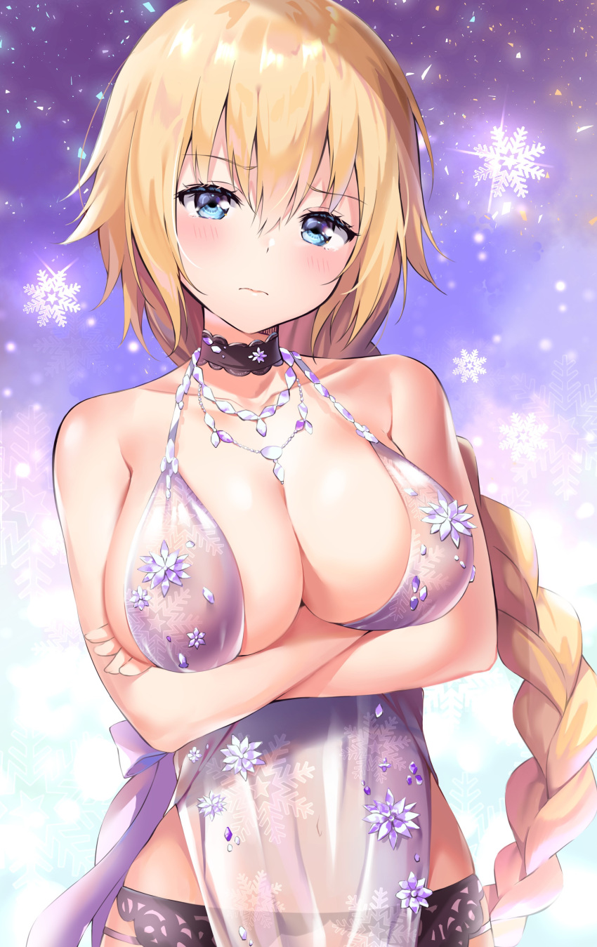 3: ale_nqki artoria_pendragon_(lancer_alter)_(cosplay) babydoll bangs bare_shoulders blonde_hair blue_eyes blush braid breast_hold breasts choker clavicle cleavage closed_mouth cosplay covered_navel cowboy_shot crossed_arms embarrassed exposed_shoulders eyebrows_visible_through_hair fate/apocrypha fate/grand_order fate_(series) female female garter_belt gloves gradient gradient_background hair_between_eyes halterneck head_tilt high_resolution jeanne_d'arc_(fate) jewelry large_breasts lingerie long_hair looking_at_viewer mobile_wallpaper navel necklace nightgown pantsu pixiv_id_14212838 royal_icing royal_icing_(cosplay) see-through single_braid snowflake_background snowflake_print snowflakes solo sparkle tagme tied_hair underwear very_high_resolution very_long_hair waist