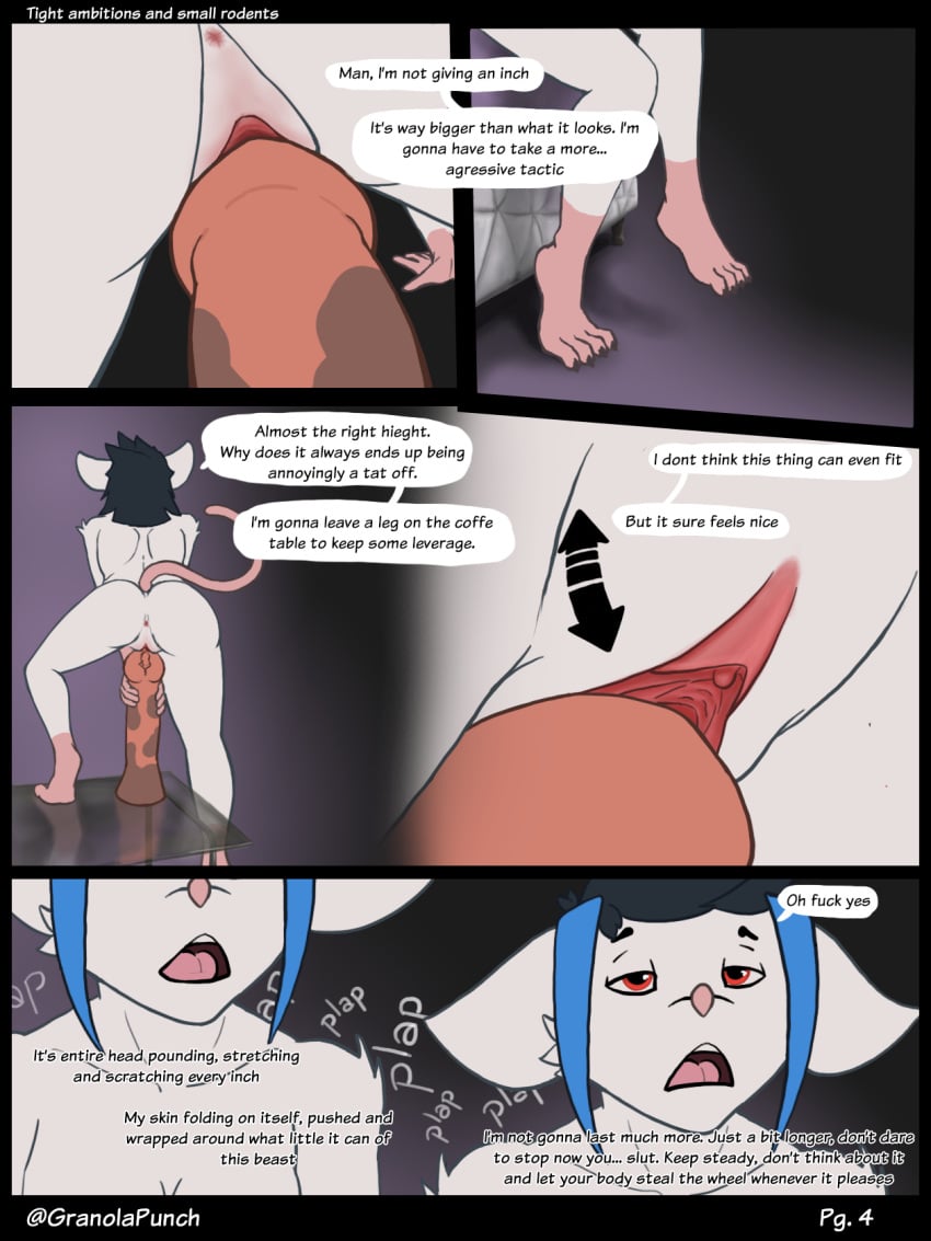 3:4 ahe_gao all_fours anthro bed blue_hair comic dialogue dildo english_text female fur furniture granolapunch grinding hair half-closed_eyes hi_res huge_dildo large_insertion looking_pleasured mammal murid murine narrowed_eyes open_mouth paws penetration profanity rat red_eyes rodent sex_toy solo table tama_(granolapunch) text white_body white_fur