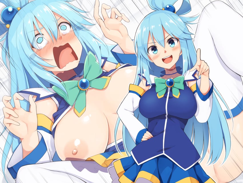 1girls :d aqua_(konosuba) aqua_bow aqua_neckwear aqua_screaming_(meme) bangs bed_sheet blue_dress blue_eyes blue_hair blush bow bowtie breasts breasts_apart breasts_out crying crying_with_eyes_open detached_sleeves dress empty_eyes eyebrows_visible_through_hair hair_between_eyes hair_rings hand_on_hip hands_up index_finger_raised kono_subarashii_sekai_ni_shukufuku_wo! kurikara large_breasts long_hair long_sleeves looking_at_viewer lying medium_breasts meme multiple_views nipples on_back open_mouth pointing pointing_at_viewer scared sitting smile standing strange_censor tears tongue white_sleeves wide_eyed