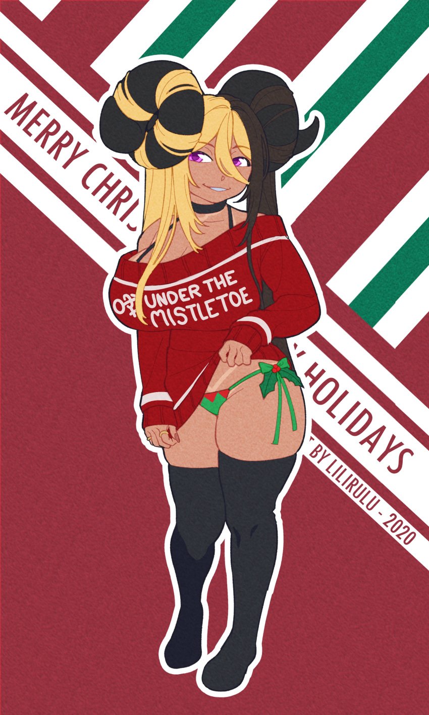 1girls absurd_res aife_(zanamaoria) barefoot big_horns blonde_hair brown_hair choker christmas clothing curved_horn english_text female female_only hair_on_horn horns legwear lilirulu long_hair looking_at_viewer pink_eyes side-tie_panties smiling solo solo_female succubus sweater tan_skin tanline text text_on_clothing thigh_squish thighhighs two_tone_hair