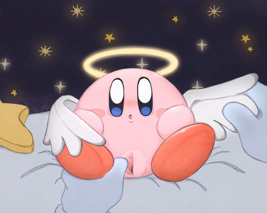 angel angel_wings anthro ashamed bed blue_eyes blush blushing_at_viewer cute cute_face dakimakura feet kirby kirby_(series) nintendo pancakefests pink_body pink_skin pussy pussy_grab red_feet scared vagina wing_grab wings