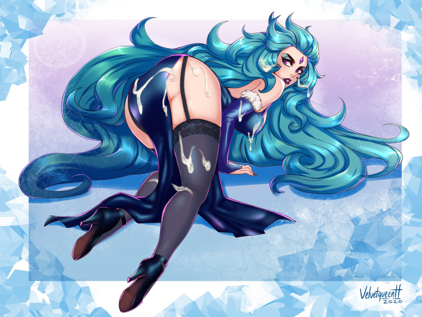 1girls anivia big_ass black_high_heels blue_dress blue_hair cum cum_on_ass garter_belt garter_straps high_heels human humanized league_of_legends lipstick long_hair purple_eyes purple_lipstick stockings velvetqueenh