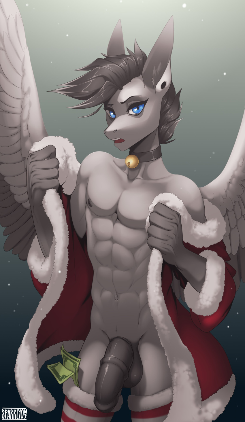 2020 abs absurdres animal_genitalia animal_penis anthro bell bell_collar black_hair blue_eyes christmas collar english_text equid equine equine_penis feathered_wings feathers flaccid flared_penis fur furry genitals grey_body grey_feathers grey_fur grey_wings highres holidays looking_at_viewer male mammal medial_ring money muscular muscular_anthro muscular_male navel nude open_mouth pecs pegasus penis pinup portrait pose signature simple_background solo sparklyon3 spectrum_storm testicles text three-quarter_portrait wings