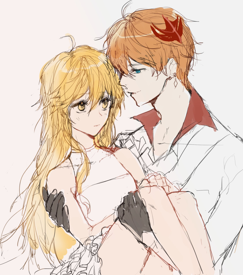 2boys aether_(genshin_impact) black_gloves blonde_hair blue_eyes bridal_carry brown_hair childe_(genshin_impact) crossdressing fatui femboy genshin_impact long_hair male male_only orange_hair short_gloves short_hair tartaglia_(genshin_impact) white_dress yaoi yellow_eyes