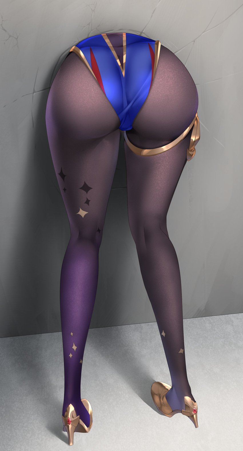 1girls ass ass_focus big_ass big_butt female female_only from_behind fully_clothed genshin_impact gold_(metal) gold_heels gold_jewelry high_heels highres huge_ass imminent_anal imminent_sex jewelry legs leotard mona_(genshin_impact) mvv pantyhose public_use stuck stuck_in_wall thighs wall