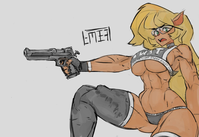 1girls angry anthro blonde_hair callie_briggs cat_ears cat_tail catgirl concealed concealed_weapon female_only fit fit_female furry furry_only glasses green_eyes gun hanna-barbera long_hair muscular muscular_female panties swat_kats tan_fur tanktop thighhighs underwear weapon zer0ember