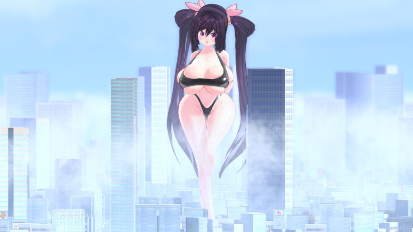 1girls 3d ariane_cevaille arms_behind_back blush bow bulging_breasts city cityscape cloud dark_hair female female_only giantess hyper legs_crossed light_skin looking_at_viewer original original_character outdoors outside silo9 sling_bikini solo solo_female swimsuit swimwear tight_clothing tight_fit twintails wide_hips young