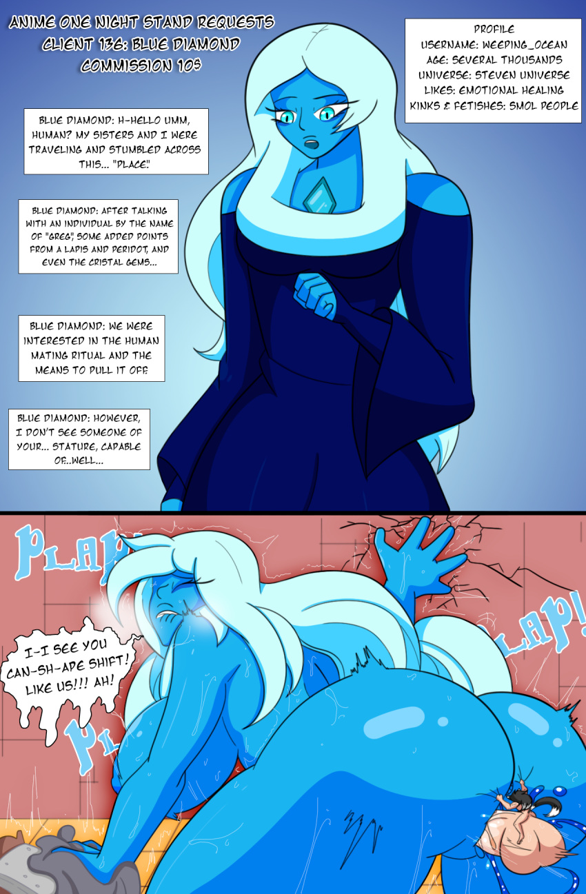 anime_one_night_stands blue_diamond_(steven_universe) blue_skin comic dywtba-alt-universe female giant_ass high_resolution huge_cock instant_loss_2koma juto_arigato male penis_enlargement pleasure_face semen steven_universe unseen_male_face