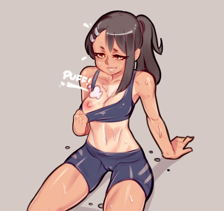 1girls 2019 athletic athletic_female bike_shorts black_hair bra_pull breasts brown_eyes cameltoe cleavage clothed clothing curvy female female_focus female_only grey_background hair_ornament hayase_nagatoro hi_res long_hair medium_breasts nipples please_don't_bully_me,_nagatoro pokies ponytail revealing_clothes simple_background smile solo sports_bra spread_legs sweat tan text training truedevirish wide_hips