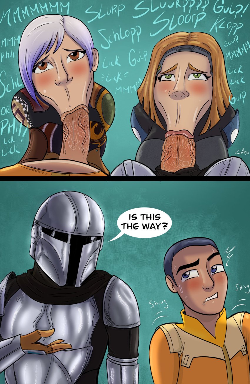 2boys 2girls :>= ameizing_lewds big_breasts blowjob blue_hair blush bo-katan_kryze clothed clothing comic deep_blowjob dialogue din_djarin erection eye_contact ezra_bridger fellatio green_eyes gulp hands-free hetero human human_only looking_at_another looking_up mandalorian medium_hair onomatopoeia oral pants_down penis pov question red_hair sabine_wren short_hair shrug star_wars star_wars_rebels straight the_mandalorian veiny_penis