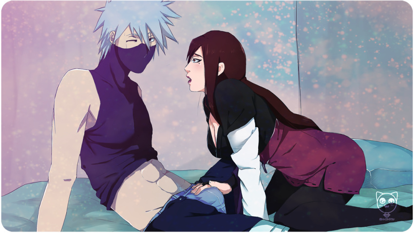 1boy 1boy1girl 1girls abs bed before_sex bent_over big_breasts boner breasts brown_hair cleavage clothing cutout erection female hand_on_penis hatake_kakashi horny imminent_sex lipstick long_hair makeup male mask mole mole_under_eye naruto naruto_(series) naruto_shippuden on_bed one_eye_closed open_clothes open_mouth open_pants original_character pants scar scar_across_eye seelenkaetzchen shirt shirt_lift silver_hair sitting underwear