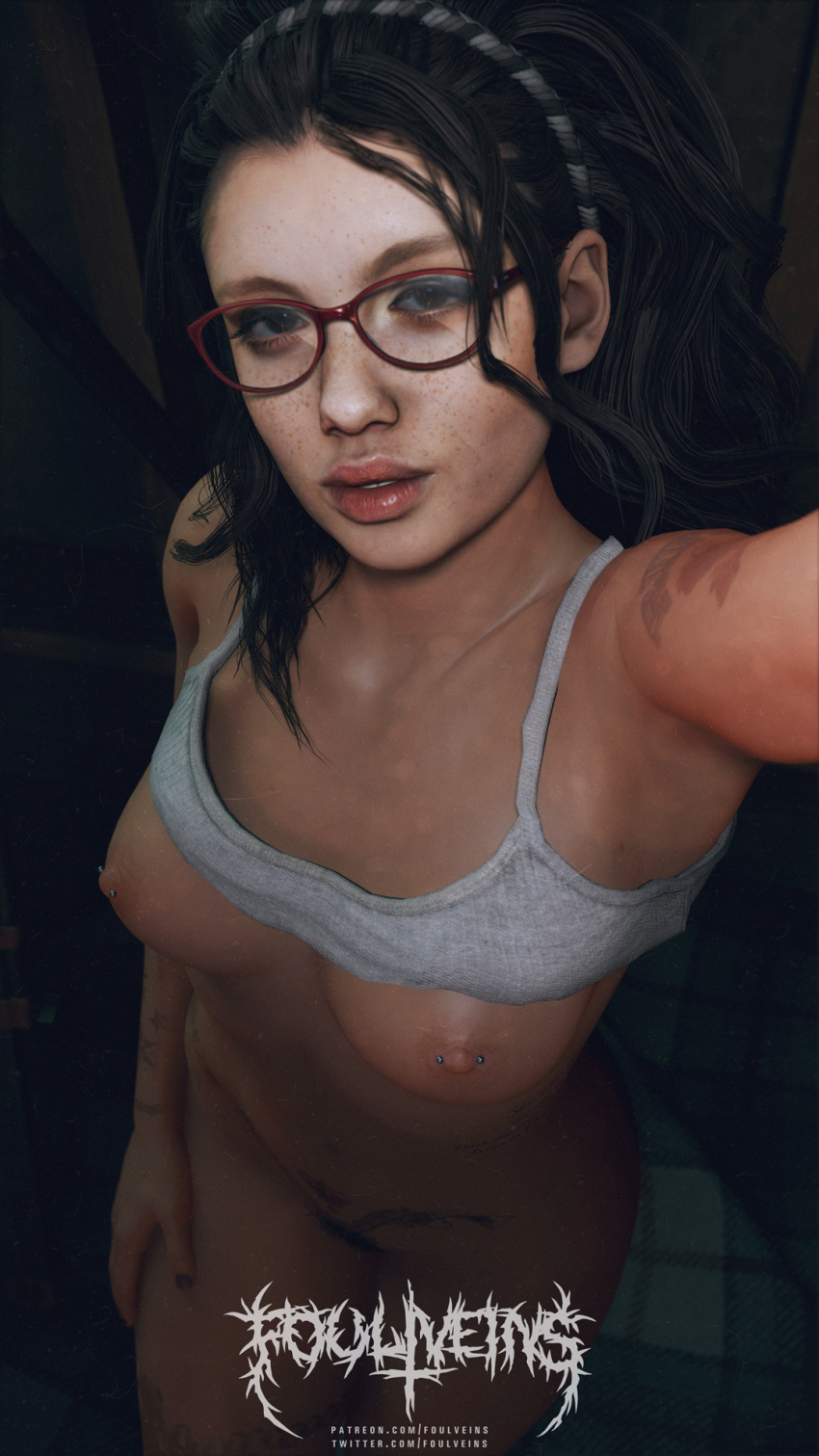 1girls 3d devil_may_cry devil_may_cry_5 female female_only foulveins looking_at_viewer nicoletta_goldstein nipple_piercing piercing selfie shirt_up solo