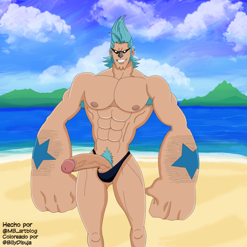 1boy abs armpit_hair balls_in_swimsuit beach big_balls big_penis billydibuja blue_armpit_hair blue_hair blue_pubic_hair boner erection evil_grin exposed_penis franky hard_on huge_cock male_only mb_artblog muscles nipples one_piece pecs penis_out penis_pointing_toward_viewer posing presenting_penis pubic_hair retracted_foreskin shorts_down solo solo_male veiny_penis