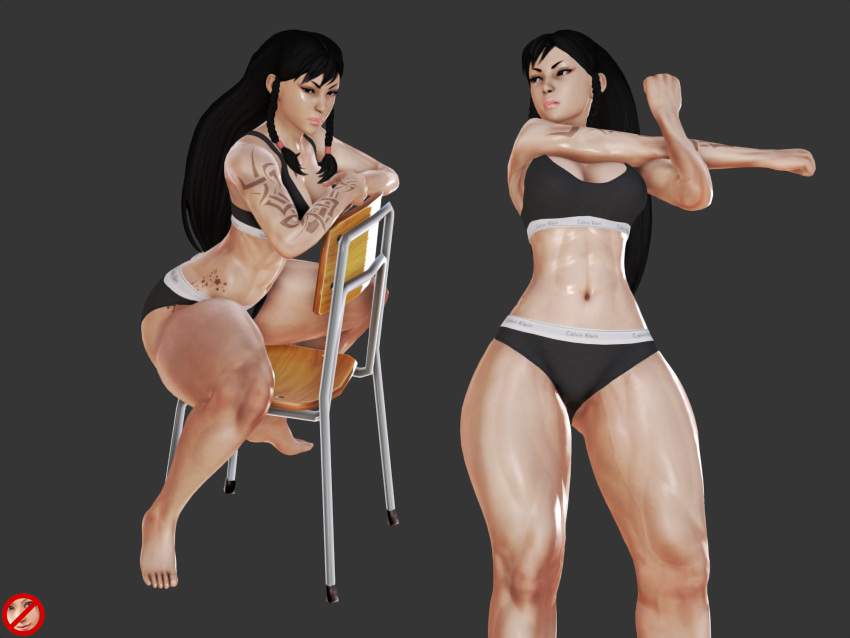 1girls 3d abs alternate_hairstyle asian asian_female calvin_klein chun-li cleavage clothed clothed_female clothes clothing feet female female_only fit fit_female fully_clothed honey_select ihateasuka makeup muscular muscular_female simple_background sitting sitting_on_chair solo sports_bra street_fighter street_fighter_v studio_neo sweat tattoo tattoos thick_thighs thunder_thighs