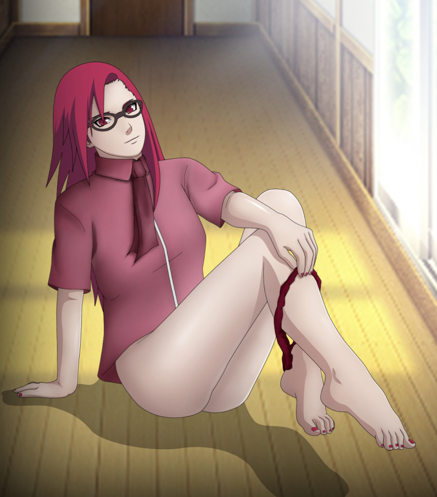 1girls arm_support bangs barefoot boruto:_naruto_next_generations bottomless darkalx feet female female_only indoors knees_up long_hair matching_hair/eyes nail_polish naruto naruto_(series) on_floor panties panties_around_legs panties_down partially_clothed red_eyes red_hair shirt stiky_finkaz sunlight tie toes uzumaki_karin