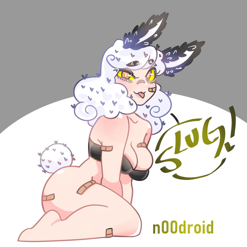 :3 animal_ears breasts bunny_ears bunny_girl bunny_tail cleavage female female_only humanoid kemonomimi kneeling looking_at_viewer monster_girl orange_eyes pale_skin planet_nin sea_slug sea_slug_girl solo thick_thighs tongue tongue_out tube_top wide_hips yellow_sclera