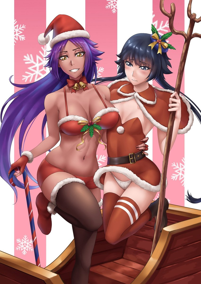 2girls bangs bare_shoulders big_breasts black_eyes bleach blue_hair blush breasts cane cape christmas christmas_clothing christmas_outfit cleavage collar dark-skinned_female dark_skin dress embarrassed female female_only fingerless_gloves fur_trim gloves hair_ornament holding_object holding_partner light-skinned_female light_skin long_hair minidress no_bra panties parted_lips purple_hair raised_leg ribbon sakuya_(liao_kj) santa_costume santa_hat shihouin_yoruichi shoes short_hair short_hair_with_long_locks sled small_breasts smile snowflake soifon staff stockings strapless_dress straps teeth thighhighs tubetop underwear white_fur yellow_eyes