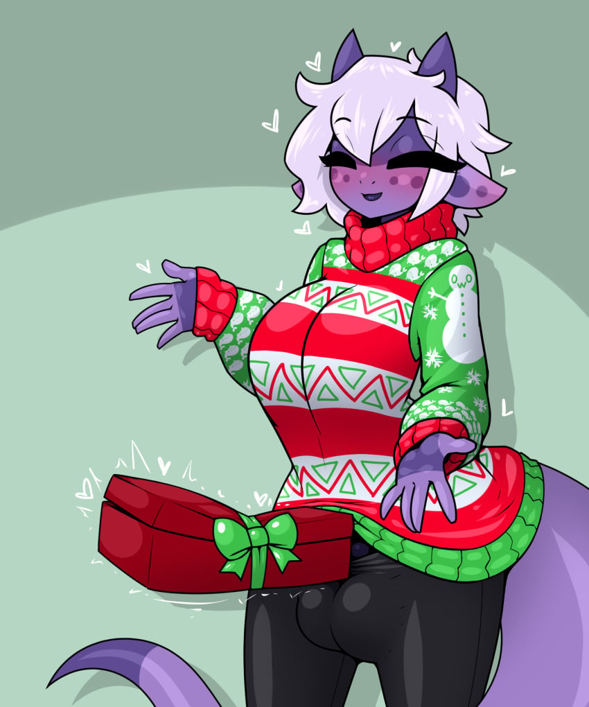 1futa balls breasts bulge christmas clothed clothing dick_in_a_box dickgirl erection eyes_closed fat_cock furry futa_only futanari gift gift_box hiding_erection horns humanoid limebreaker long_ears looking_at_viewer mostly_clothed purple_skin smile solo sweater tail testicles tight_clothing twitch_lines violet_(limebreaker)