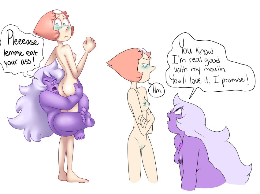 2girls amethyst_(steven_universe) ass breasts cartoon_network dialogue english_text female female_only forehead_jewel gem_(species) homosexual lesbian missgreeney multiple_girls nude nude_female pearl_(steven_universe) purple_skin pussy speech_bubble steven_universe text white_skin yuri