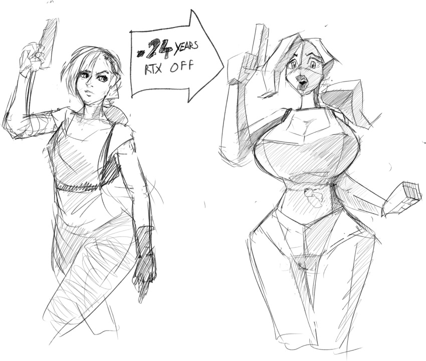 big_breasts breast_expansion degradation gun holding_gun lara_croft lara_croft_(classic) lemonfont polygonal shocked_expression tomb_raider transformation