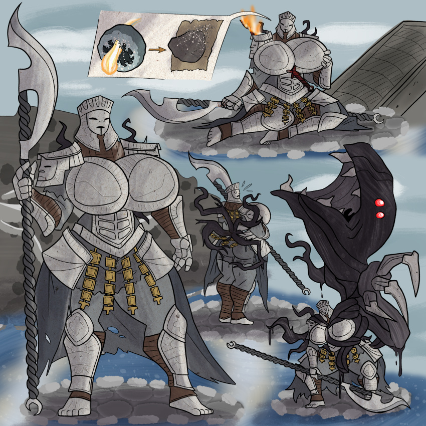 armor corruption dark_souls dark_souls_3 feet female feofeather genderbent groping halberd helmet hourglass_figure humanoid iudex_gundyr large_breasts polearm sitting voulge wide_hips