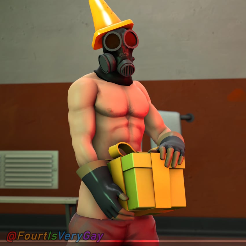 1boy 3d christmas christmas_lights dick_in_a_box fourtisverygay gay gloves hat looking_at_viewer looking_pleasured male_only mask muscular pants_down pyro sfm team_fortress_2