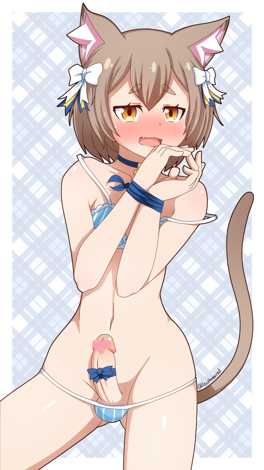 1boy androgynous animal_ears balls blush brown_hair cat_ears cat_tail censored collar erection eye_contact felix_argyle femboy feminine_male flat_chest girly hair_ribbon heart_censor humanoid izuthree looking_at_viewer male male_focus male_only otoko_no_ko penis penis_ribbon re:zero_kara_hajimeru_isekai_seikatsu short_hair solo standing thighs thong tied_hands trap yellow_eyes