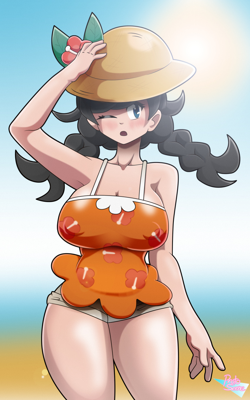 1girls alternate_breast_size big_breasts black_hair blue_eyes blush braided_hair braided_twintails curvaceous curvy_figure female hair hat large_breasts minishorts nintendo nipple_bulge one_eye_closed orange_shirt pokemon pokemon_sm pokemon_usm protoscene selene_(pokemon) selene_(pokemon_usm) shorts solo solo_female solo_focus standing thick_thighs thighs voluptuous