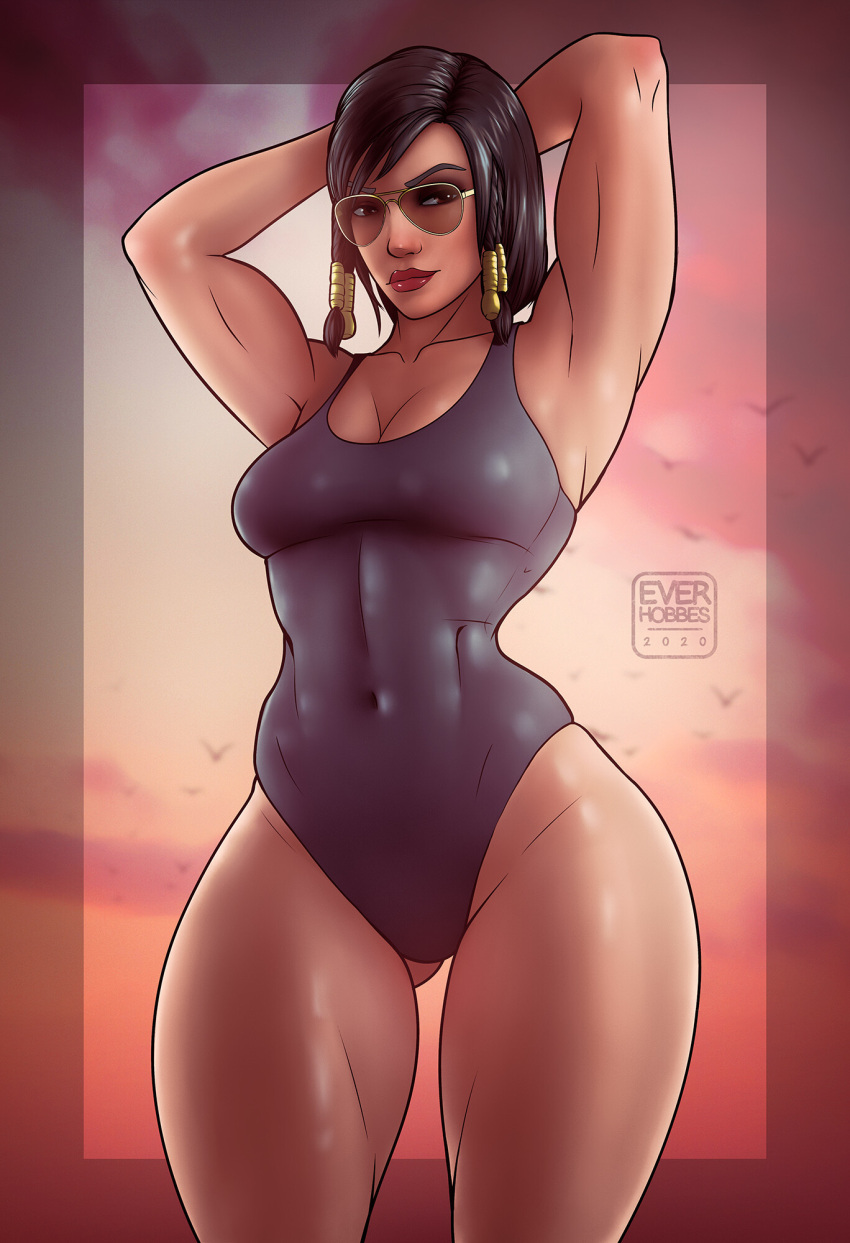 3d abs aviator_sunglasses black_eyes black_hair blender brown-tinted_eyewear dark-skinned_female dark_skin ever_hobbes everhobbes female hair_ornament high_resolution looking_away muscle muscular_female one-piece_swimsuit overwatch pharah sunglasses swimsuit tinted_eyewear